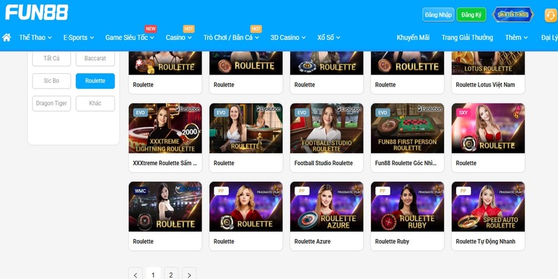 Đa dạng loại hình roulette FUN88 với đồ họa đỉnh cao